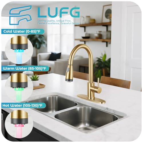 Image of LED Kitchen Faucet with Pull Down Sprayer - Brushed Gold Single Handle Kitchen Faucets, High Arc Stainless Steel Pull Out Kitchen Sink Faucet with Deck for RV Laundry Farmhouse Bar