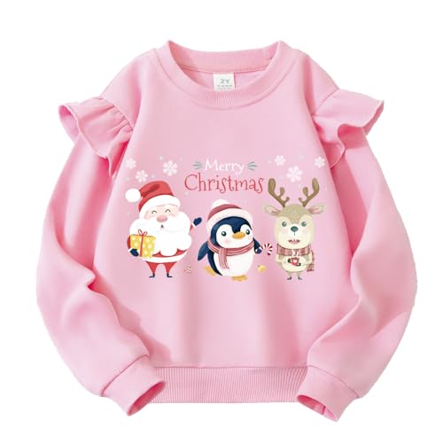 Image of QHKEPW Christmas Girls Jumper Xmas Ruffle Reindeer Santa Claus Snowflake Penguin Kids Sweatshirt Toddler Top Long Sleeve Round Neck Cotton Casual Clothes T Shirt 5-6 Years Old Pink