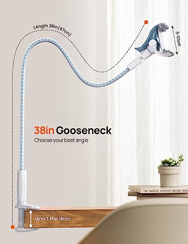 Image of Aomiker Gooseneck Phone Holder for Bed - [Upgrade Nylon Braid] 38 inch Flexible Lazy Arm Clip, 360 Adjustable Overhead Phone Mount for iPhone 16 15 14 13 12 11 Pro Max Mini Plus, 4-7 inch Cellphone - White