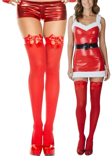Image of ToBeInStyle Women's Opaque Long Thigh High Stockings w /Decorative Front Satin Bow