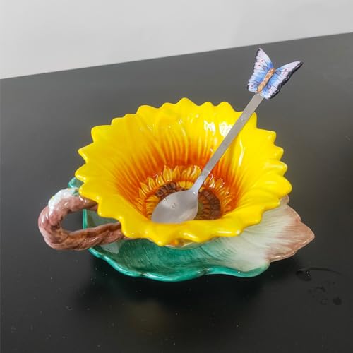 Forlong Ceramic Coffee Mug And Saucer Set With Spoon,3D Handmade And Hand-Painted Sunflower And Leaf Design Tea Mug thumb #3