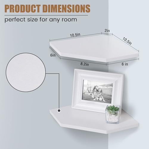 Image of Fun Memories Corner Shelf Wall Mount, Floating Corner Shelves, Set of 2 Corner Wall Shelf Organizer, Rustic Wood Wall Storage Display Shelves for Living Room Bedroom Bathroom Kitchen, Rustic White