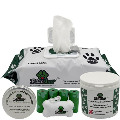 Puppy Care Box – includes Dog wipes, Paw Balm, Dental Finger Wipes and dog poop bags rolls with bone-shaped dispenser – puppy essentials for grooming, teeth cleaning and paw care. Puppy Care Box – includes Dog wipes, Paw Balm, Dental Finger Wipes and dog poop bags rolls with bone-shaped dispenser – puppy essentials for grooming, teeth cleaning and paw care.