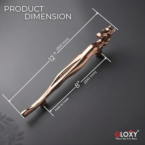 Image of GLOXY Premium Rose Gold 12 inch Horse Shaped Main Door Handle with 8 inch Hole-to-Hole Spacing - Decorative Push & Pull Aluminium Wooden & Glass Doors Handles for Homes, Restaurants & Offices - Pack of 1