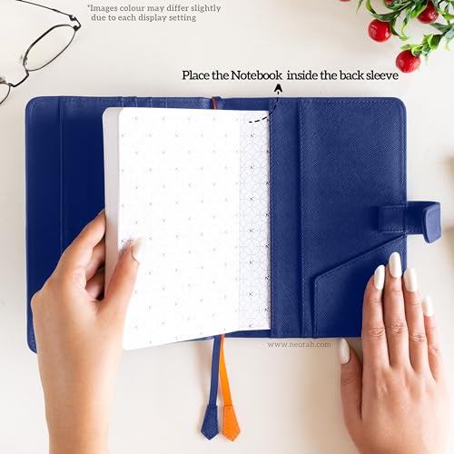 Image of NEORAH - B6 Notebook SLEEVE with SNAP Button + Dotgrid JOURNAL | Faux Leather Sleeve + Penloop | 2 Front 1 Back compartment | 6 Card Slots -DARK BLUE