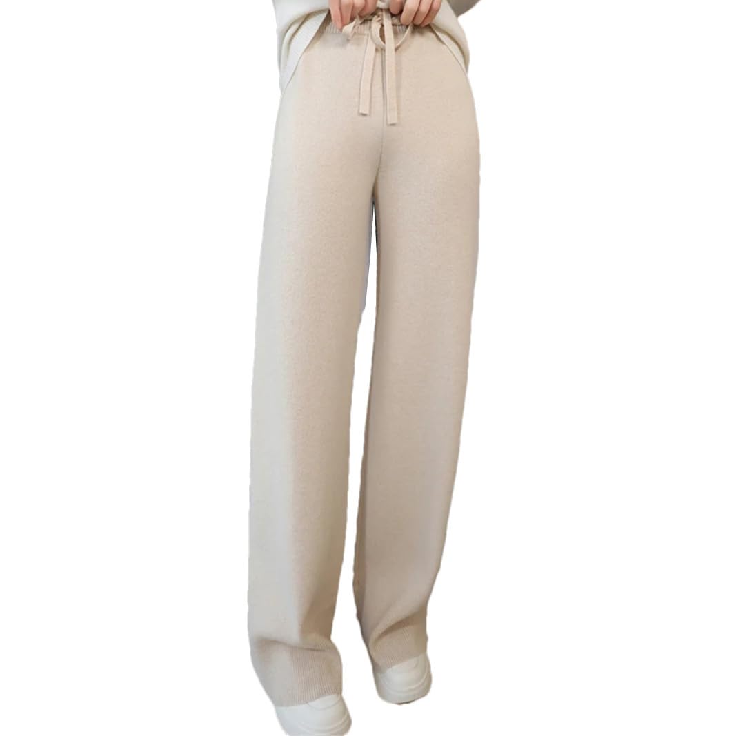 Pantaloni invernali da donna in lana lavorata a maglia, a gamba larga, a vita alta e pantaloni larghi in lana, Beige, M