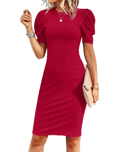Cicy Bell Womens Puff Sleeve Bodycon Work Dresses Crew Neck Business Casual Office Pencil Dress Red
