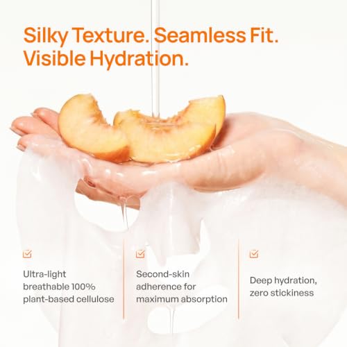 Image of PLANTIFIQUE Korean Sheet Mask, 5 Pack - Glowing & Hydrating Face Masks with Peach Extract, Vitamin C & Hyaluronic Acid - Mascarillas Faciales