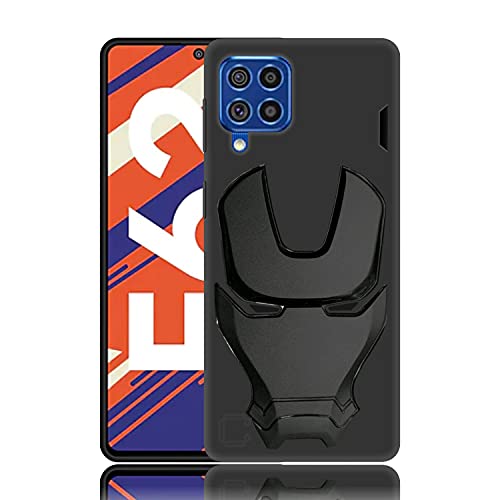 Image of COVERLY Official 3D Touch Feel Trending Real Hero Avenger Logo Mask Soft Rugged Grip Iron Man Super Power Cartoon Movie Engraved Silicone Matte Strong Back Cover for Samsung Galaxy F62 (2020) - Black
