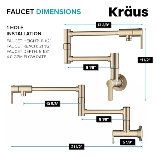 Image of KRAUS Oletto Pot Filler Faucet with Retractable Arm, Wall Mount Kitchen Faucet, Pot Filler for Stove in Spot-Free Brushed Brass, KPF-5001SFACB