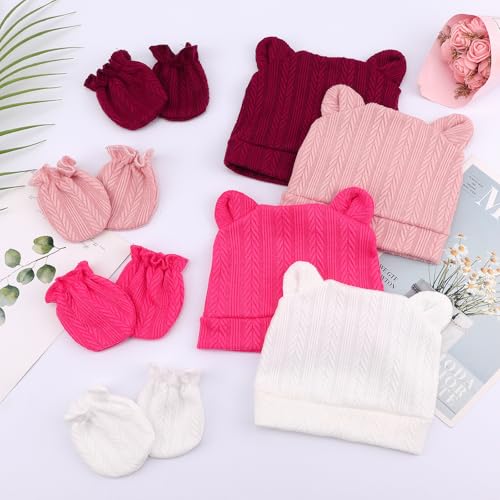 Image of BQUBO Newborn Baby Hats Bear Ears and Mittens Sets Preemie Caps Baby Boy Girl Infant Hospital Beanie for 0-3 Months