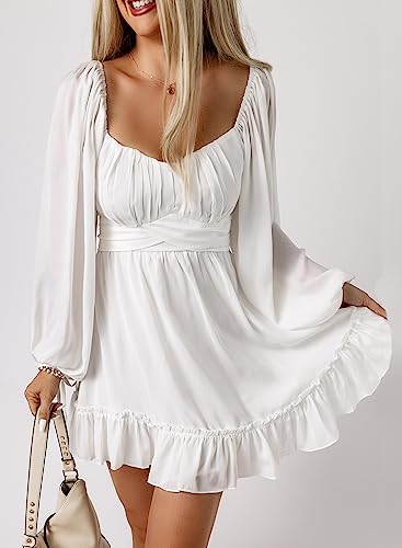 Acelitt Spring Fashion 2025 Wedding Guest Dress for Women Square Neck Long Lantern Sleeve Ruffle A-Line Casual Mini Dresses2