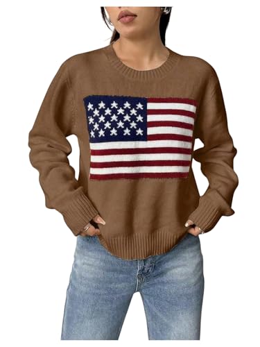 Image of SweatyRocks Women's Flag Pattern Long Sleeve Round Neck Sweater Casual Loose Pullover Sweater