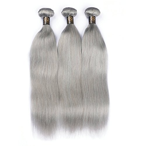 SHINEHAIR Grey Human Hair Extensions Straight Brazilian Remy Hair Weave Silver Gray Hair Bundle 100gram (14inch, Grey)