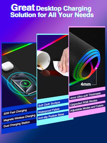 Image of Magnetic Charging Mouse Pad 31.5x15.75, 15W Fast Wireless Charging Desk Mat, XXL Desk Pad RGB Gaming Mousepad, Home Office Large Keyboard Pad with Ultra-Smooth Surface, Non-Slip Base
