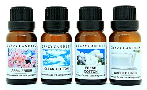 Crazy Candles 4 Bottle Set (Made in USA) 1 April Fresh, 1 Clean Cotton, 1 Fresh Cotton, 1 Washed Linen 1/2 Fl Oz Each (15ml) Premium Grade Scented Fragrance Oils
