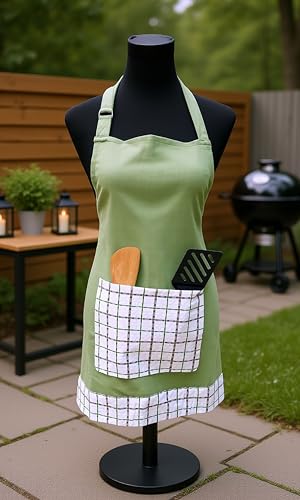 Image of Kitchen Apron for Women & Men | 100% Cotton | Cooking Apron with Big utility Pocket | Adjustable neck strap | Free Size | Kitchen Utensils Accessory