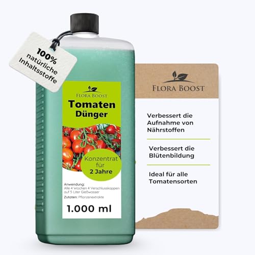 Konfitee Tomaten Dünger Flora Boost 1000ml I Für bis zu 200L Gießwasser I Dünger für Tomaten- & Gemüsepflanzen I Flüssiger Blatt- & Wurzeldünger I 100% natürlicher Pflanzendünger
