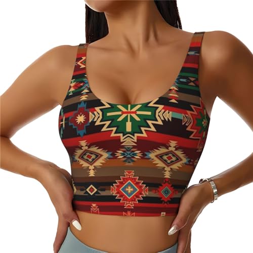 Women Girls Summer U-Shaped Back Sports Bras Elastic Ethnic Aztec Indiana Western Southwest Retro Vintage Pattern Athletic Tops with Pads Quick Dry Sportswear for Workout Training