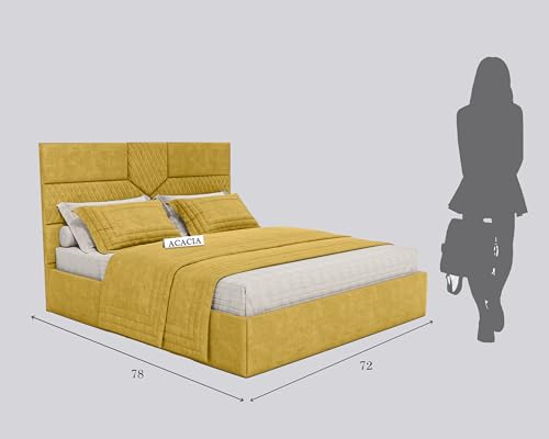 Image of Acacia Modern Upholstered King Size Bed with Box Storage for Bedroom | Wooden Double Bed with Storage | Platform Cot Bed with Upholstery Premium Fabric | 6.5 x 6 Ft | Sheesham Wood (Butter Yellow)