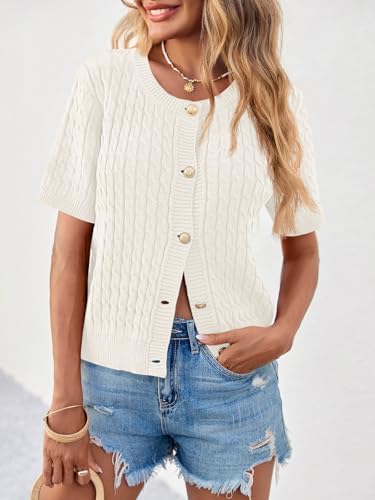 Saodimallsu Womens Summer Short Sleeve Cardigans Cable Knit Cropped Button Down Crewneck Lightweight Sweater Tops3