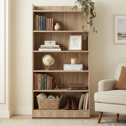 Image of Apex 5-Tier Bookshelf & Display Rack, Modern Open Storage Organizer for Living Room, Office & Library, 62.5x23.5x130cm (Light Oak)