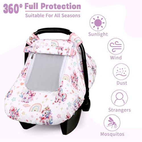 Image of Car Seat Cover Baby, HNHUAMING Infant Car Seat Covers Canopy for Baby Girl Boy, Cozy & Windproof Unicorn Newborn Carseat Covers Minky Dot Backing Stroller Cover with Breathable Mesh Window, Rainbow