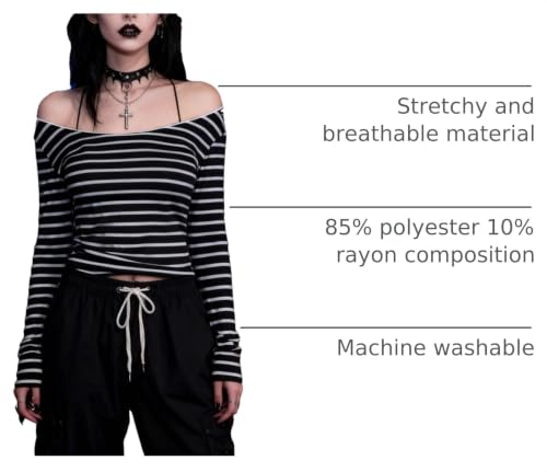Image of Women Off Shoulder Striped Long Sleeve Top 2026 Fall Going Out Tee Shirts