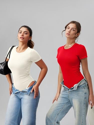 Image of OQQ Women's Crew Neck Short Sleeve Bodysuit Ruched Stretch Vacation Basic for Tops Spring & Summer