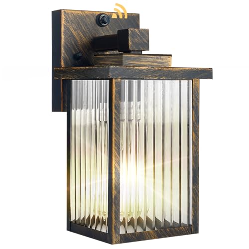 Image of Outdoor Wall Light with Dusk to Dawn Sensor, Waterproof Exterior Light for House Porch and Garage, Black Brush Gold Metal Wall Sconce with Textured Glass