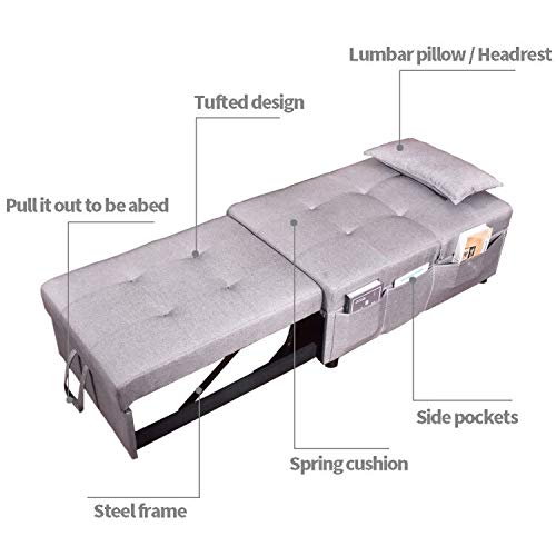URRED Convertible Chair Sleeper Bed, Folding Ottoman Sleeper Guest Bed 4 in 1 Multi-Function Adjustable Linen Fabric Futon Chair with Lumbar Pillow Gray (Gray)