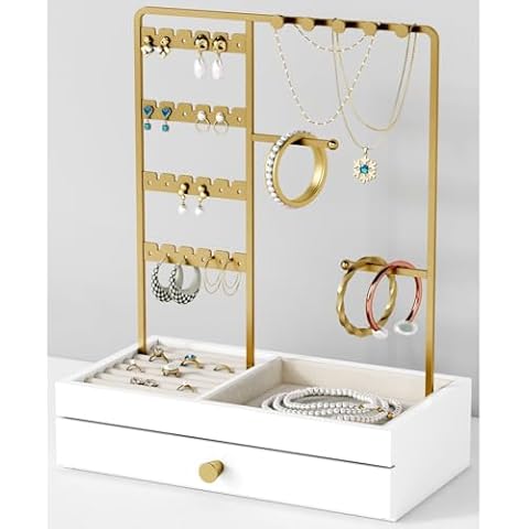 Goozii Gold Jewelry Stand Organizer Necklace Holder for Women Girls, Earring Ring Bracelet Display Stand with Tray Storage Drawer, Small Wood Jewelry Hanger Tree Tower for Vanity Dresser -White Cover