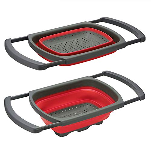 Silicone Kitchen Strainer Collapsible Colander BPA Free with Handle Over Sink Pack 1 Silicone Food Strainer Vegetable Fruit Baskets for Kitchen Travel Style 3-Red