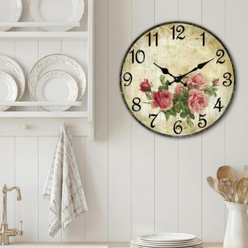 Image of CHYLIN Wall Clock Pink Rose Silent Battery Operated Kitchen Home Decor