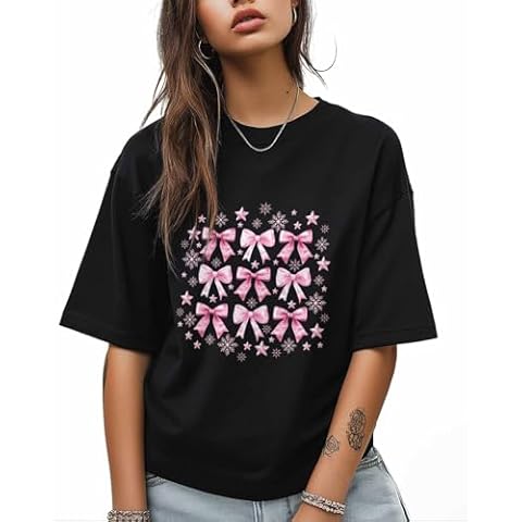 SELINGY Bow Womens T Shirts Graphic Tees for Women Teen Girls Pink Girly Trendy Crew Neck Oversized Short Sleeve Casual Tops(Black, 3XL) Cover