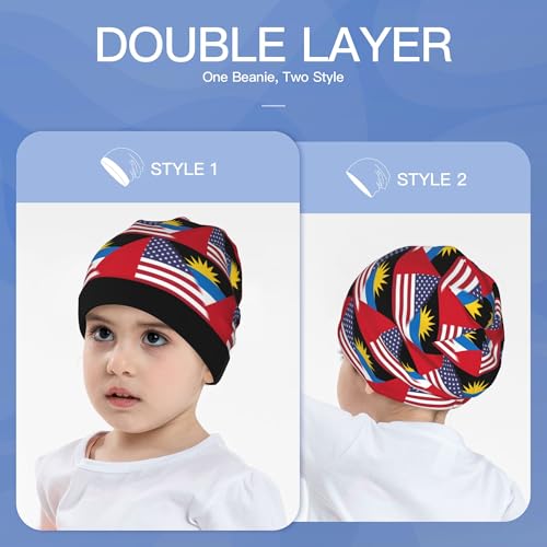 American Flag and Flag of Antigua and Barbuda Kids Leisure Elastic Knitted Hat Junior Large Size Knit Cap Child Beanie Black3