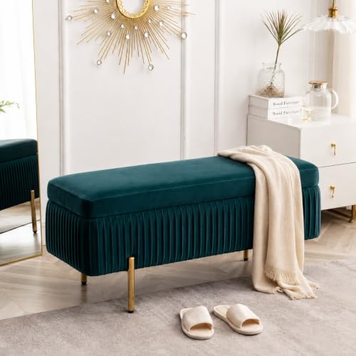 Image of LEGACY OF COMFORT Miajah Velvet Upholstered Flip Top Storage Bench 2 Seater Sofa Upholstered Ottoman Bench with Storage for Living Room, Bedroom (Dark Teal)