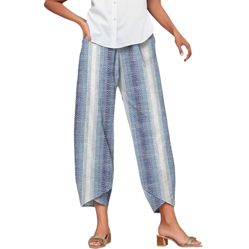 Bengbobar Linen Capris for Women Wide Leg Sweatpants Casual Petite Stripe Pants Baggy Palazzo Cropped Summer Beach Trousers