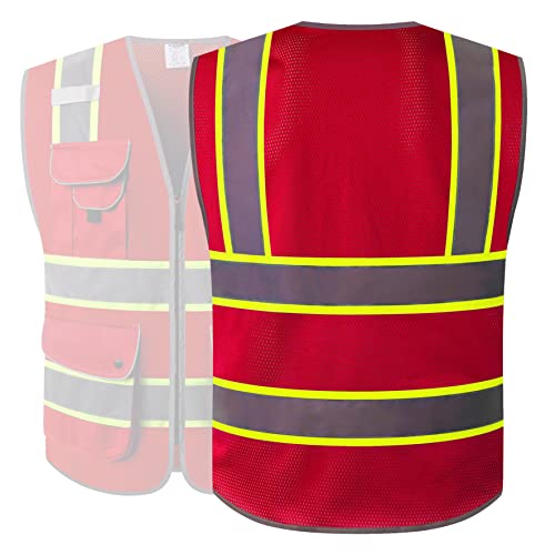 Image of JKSafety 9 Pockets Hi-Vis Neon Red Zipper Front MESH Safety Vest with Fluorescent Yellow Extend Edge outlining the Reflective Tapes Meet ANSI /ISEA Standard (100-Red, 4X-Large)