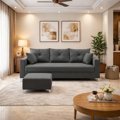 Image of Zora 4 Seater L Shape Sofa Set with Movable Ottomans | Flexible Layout | Rich Velvet Suede Fabric | Silver Legs | Dual Tone Modern Sofa for Living Room (Dark Grey)