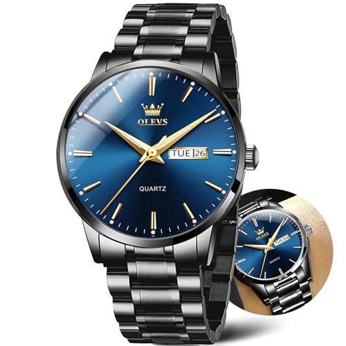 Day Date Watches Men,Black Steel Blue Men Watch,Big Face Men Watch,Luxury Men Watches,Black Steel Watch Man Waterproof,Luminous Men Watch,Male Watches,Men Dress Watch for Men,Classic Steel Wrisch