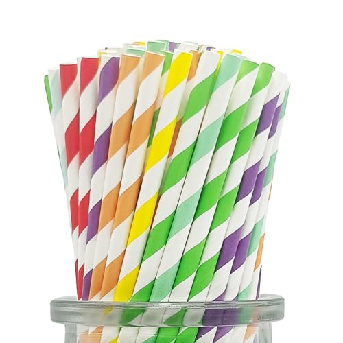 7 Colors Assorted Striped Paper Straws, Pack of 100 Biodegradable Disposable Rainbow Drinking Straws for Birthday Carnival Summer Pool Party Wedding Bridal Shower Christmas Decoration Supplies