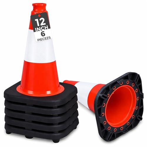 Image of BESEA 12 Inch Traffic Cones, Safety Cones with 4 inch Reflective Collar, Lightweight & Durable PVC Road Cones for Parking, Sports Training, Construction, Driveway (6 Pack)