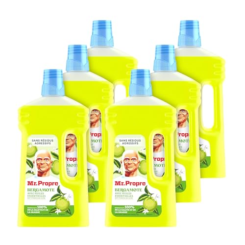 Mr. Propre Nettoyant Liquide Sol Multi-Usages, Grand Format (1L x6), Parfum Bergamote, Élimine Jusqu'à 99.9% Graisse et Saleté, Sans Traces, Fraîcheur Longue Durée