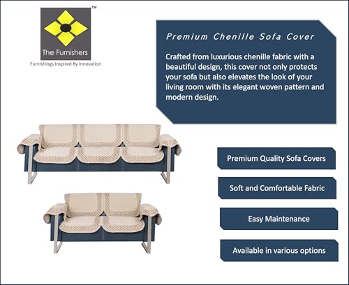 Image of Premium Chenille Woven Anti-Slip 3 Seater + 2 Seater Sofa Cover with Arm Rest | L-Shape Sofa Seat Protector for Living Room | Durable & Stylish Slipcover - Beige 3D