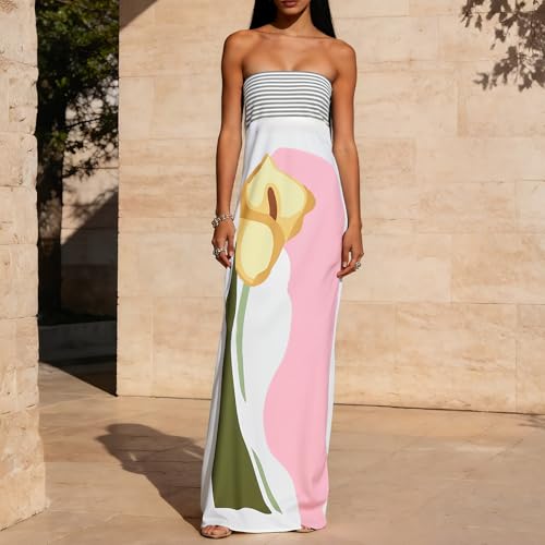 Image of Zwirelz Women Strapless Maxi Dress Boho Floral Print Flowy Long Tube Dress Off Shoulder Loose Beach Sundress