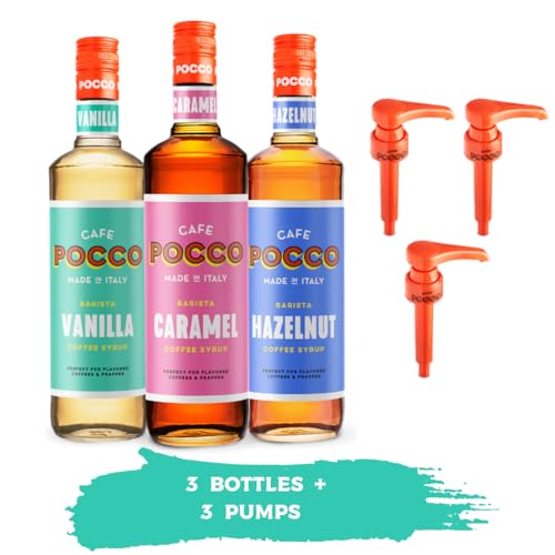 CAFE POCCO Premium Syrup & Pump collection for Coffee - Vegan-Friendly, Allergen-Free, 100% Natural Flavours and Colourings. 3 x 75cl glass bottles with pump - caramel, vanilla and hazelnut.