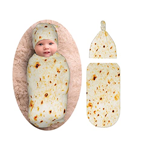 Image of Burrito Taco Tortilla Newborn Swaddle Blanket with Beanie Set, Soft and Stretchy Baby Blanket Swaddle Sack Funny Gift for Boy and Girl Baby Shower