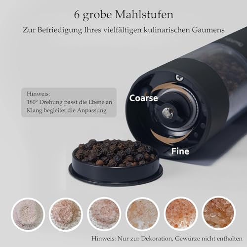 Foto von TLYSXPRO Salz und Pfeffermühle Elektrisch 2er Set, USB Wiederaufladbar, Einstellbarer Grobheit Gewürzmühle, Pfeffermühle Elektrische mit LED-Licht, Reinigungsbürste, Küchengeräte, Schwarz