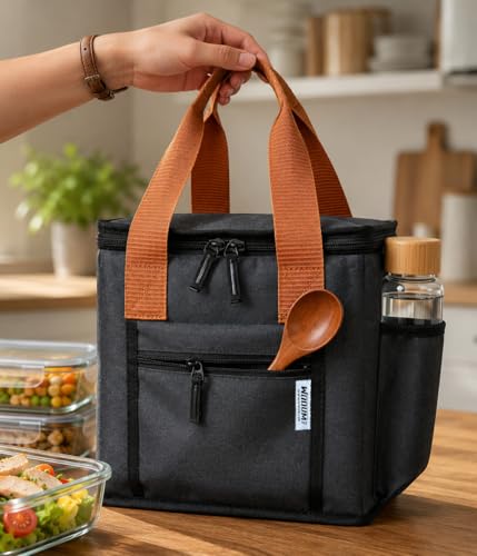 Image of Wooum Thermal Insulated Lunch Bag for Office Men Women Kids | 9L Tiffin Bag with Bottle Holder | Waterproof Food Bag for School, Travel, Work | Leakproof, Compact, 1 Year Warranty (Dark Grey)